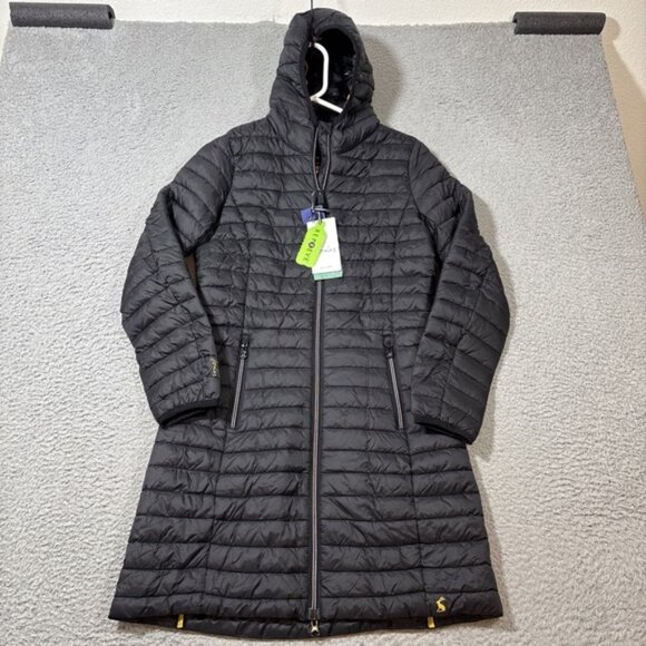NWT Joules Jacket Womens US 2 Black Snug Long Puffer Showerproof Hooded Coat - Picture 1 of 9